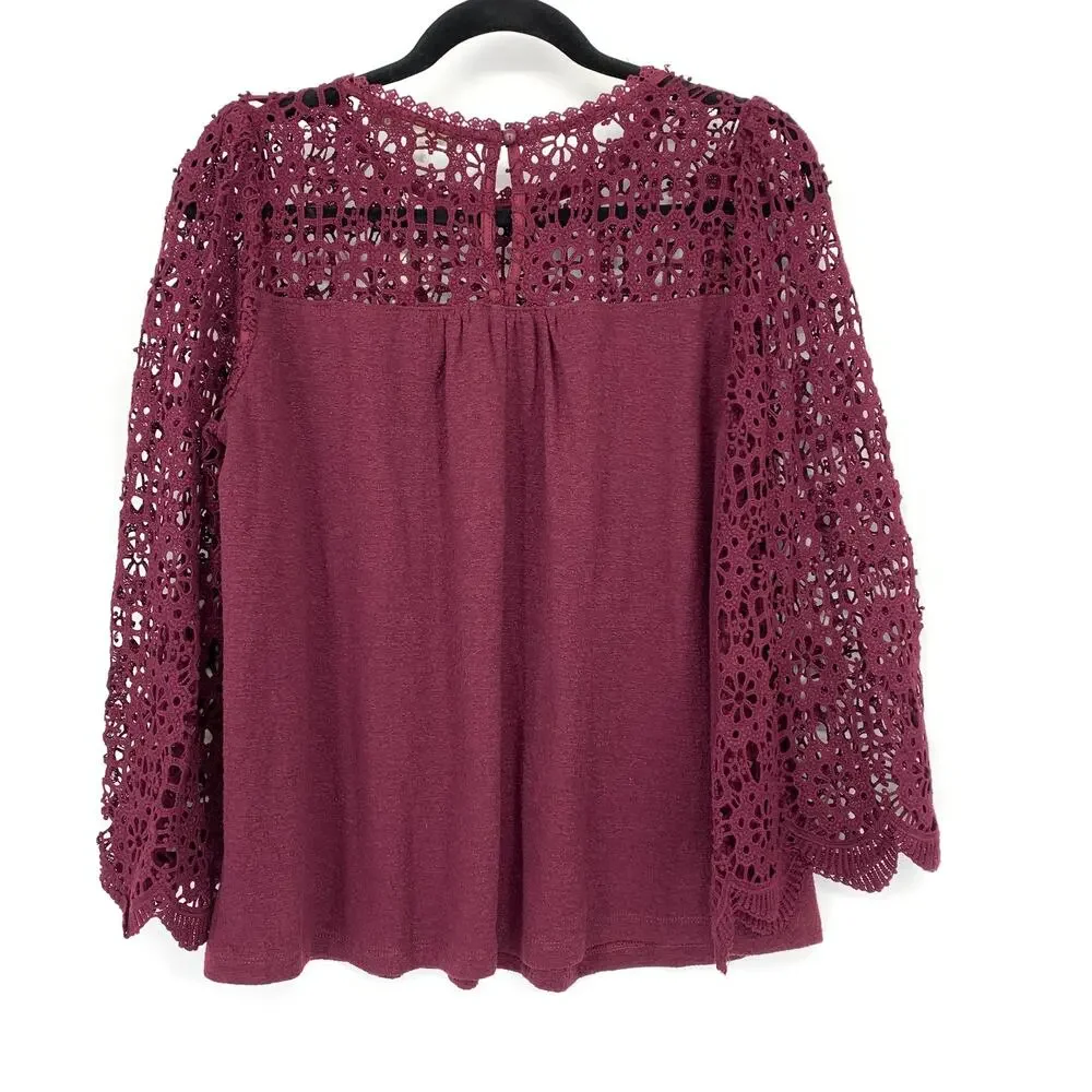 Anthropologie Eri + Ali Marigold Blouse Sz M Plum Crochet Yoke Flare Sleeves NEW